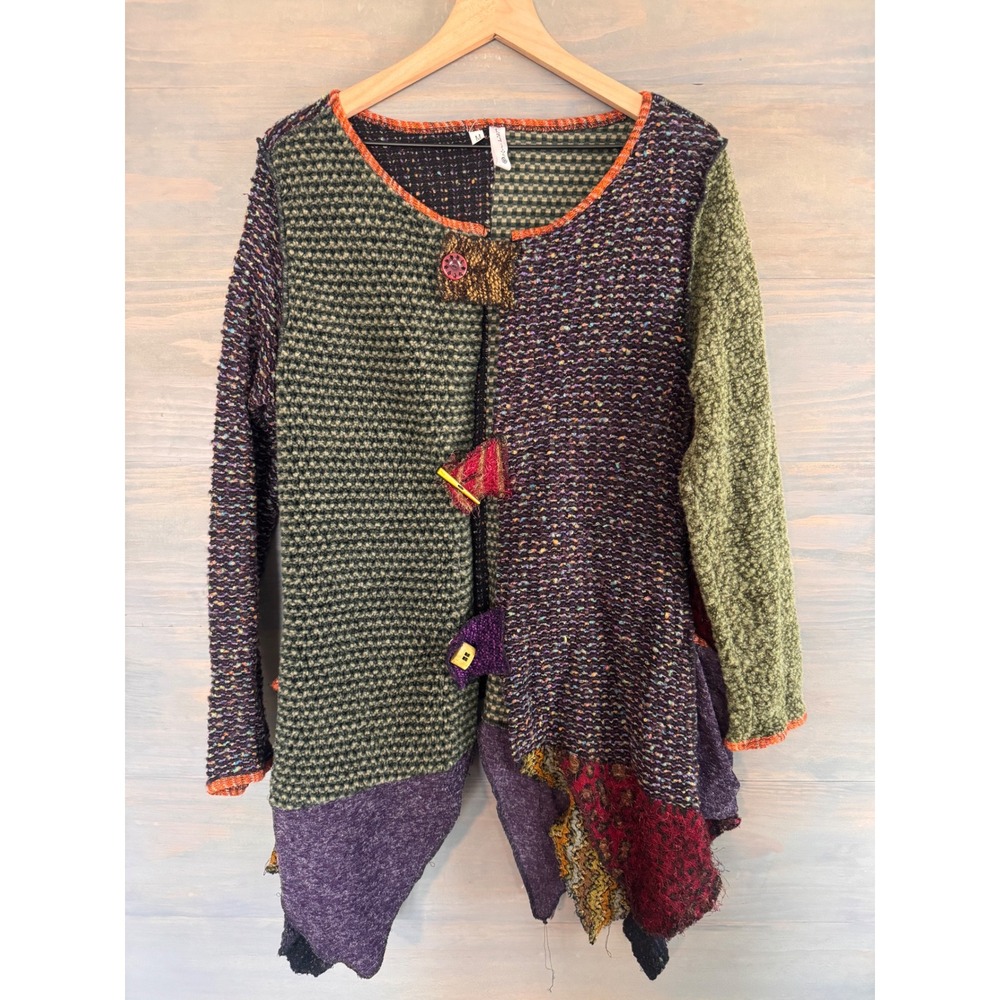 Hand Jive Patchwork Knit Cardigan Sweater Womens Medium Multi Color Boho Artsy